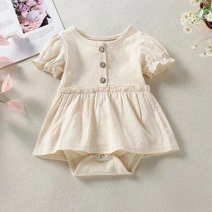 Beige Button Front Ruffle Cotton Baby Romper Dress